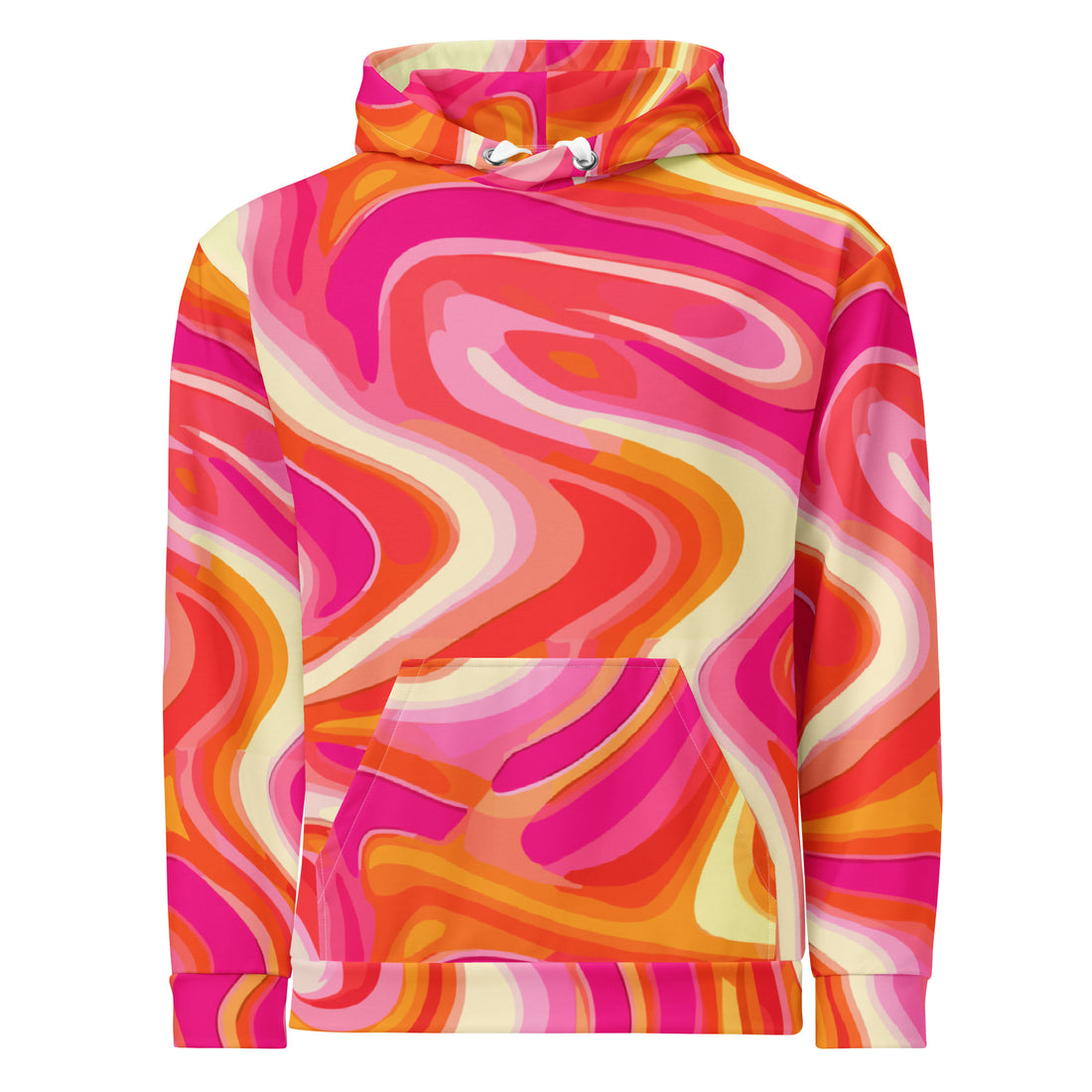 Colorful 70s Groove Psychedelic Hoodie for women featuring wavy patterns in pink and orange shades, perfect for cozy evenings.