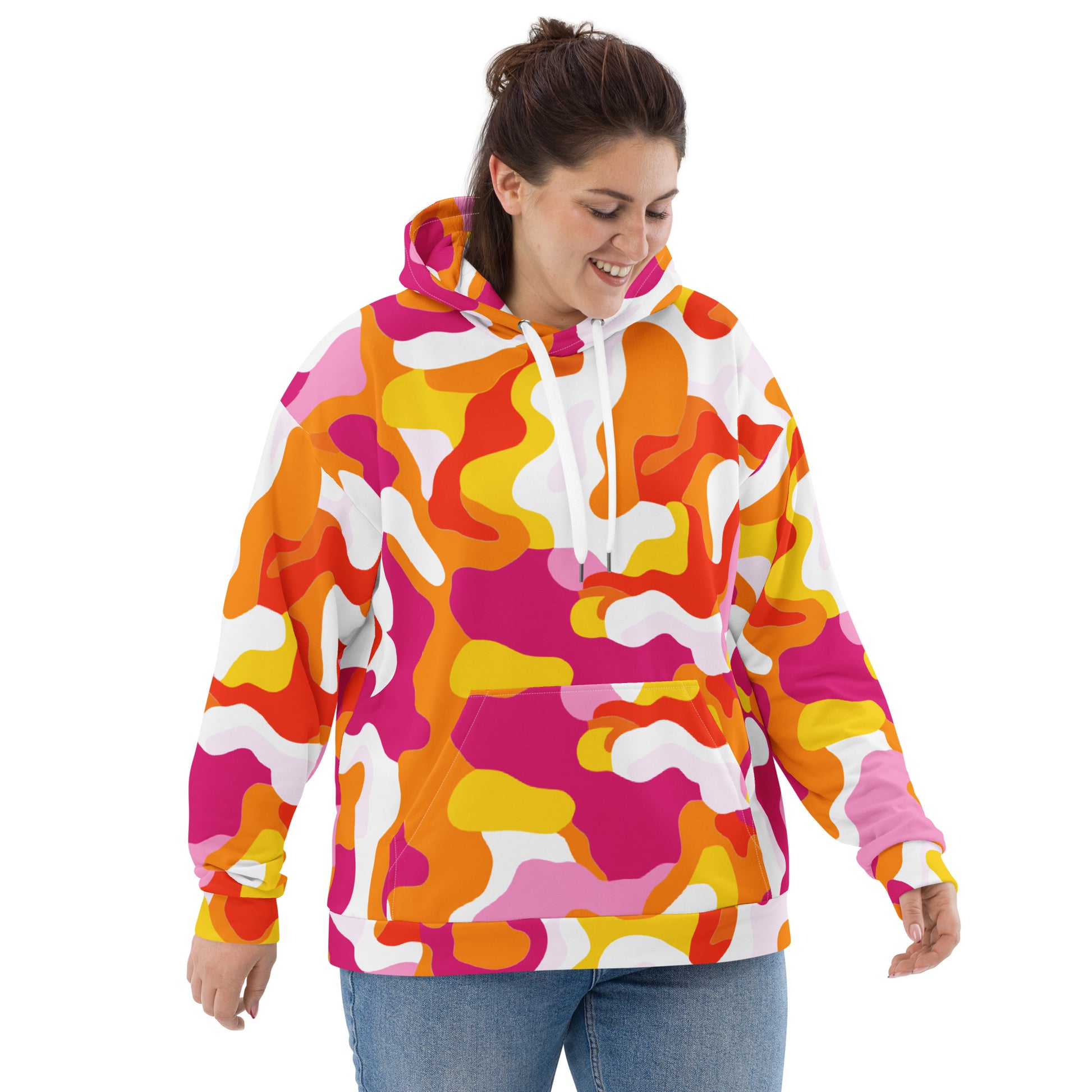 Colorful Retro Waves Psychedelic Hoodie for Plus Size Women, featuring vibrant pink, orange, and yellow patterns.