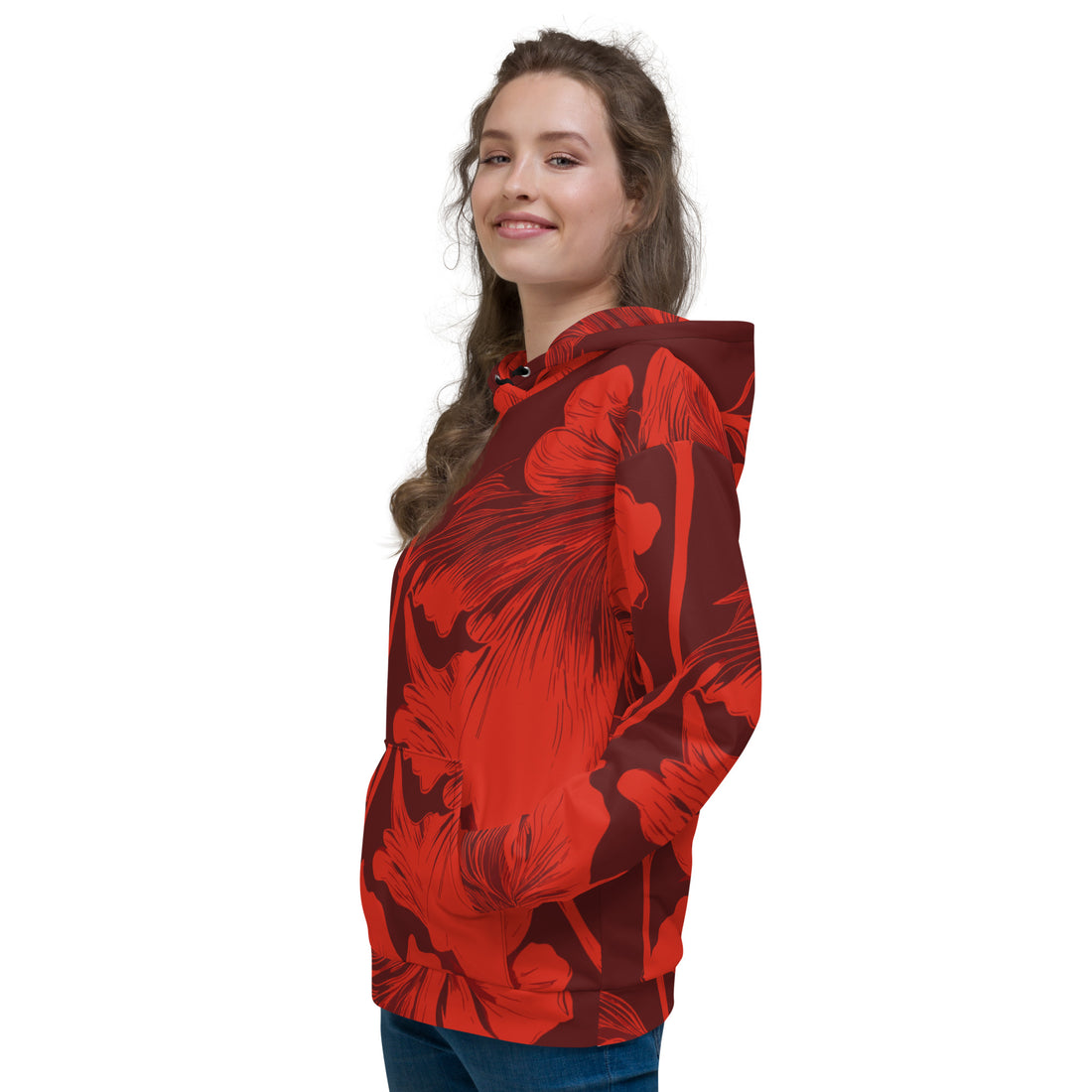 Vibrant red floral print unisex hoodie with soft brushed fleece interior.