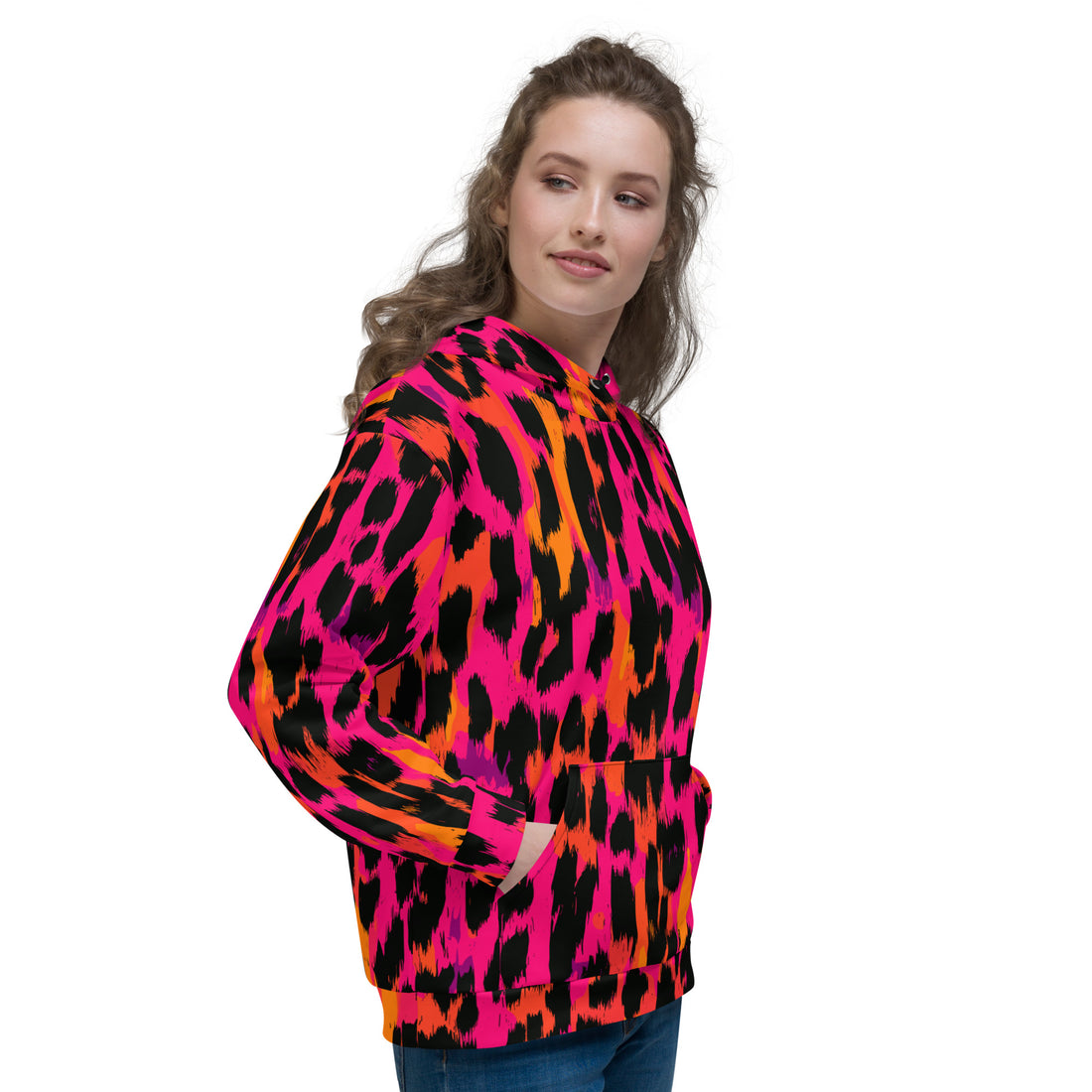 Vibrant leopard print unisex hoodie in pink, orange, and black with a relaxed fit.