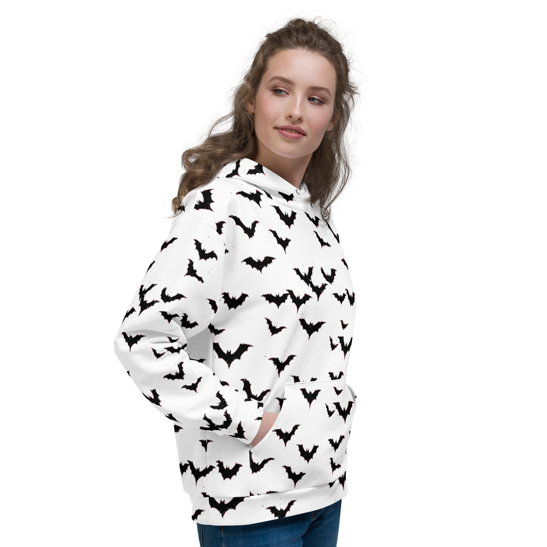 Halloween bat print hoodie for women with a soft brushed fleece interior, featuring a vibrant bat design on a white background.