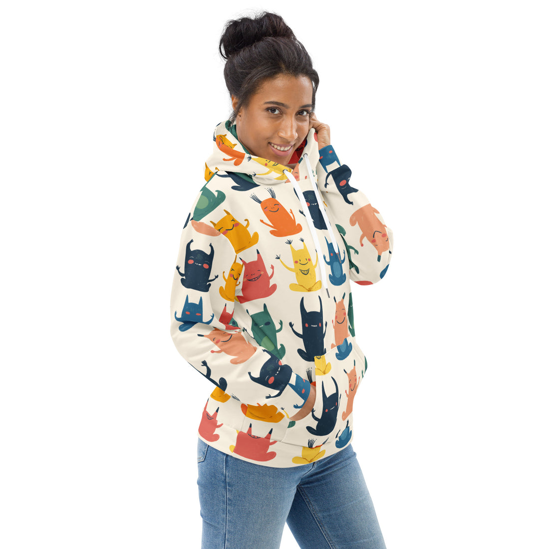 Cozy Halloween monster print hoodie with vibrant monster designs for women, made in USA.