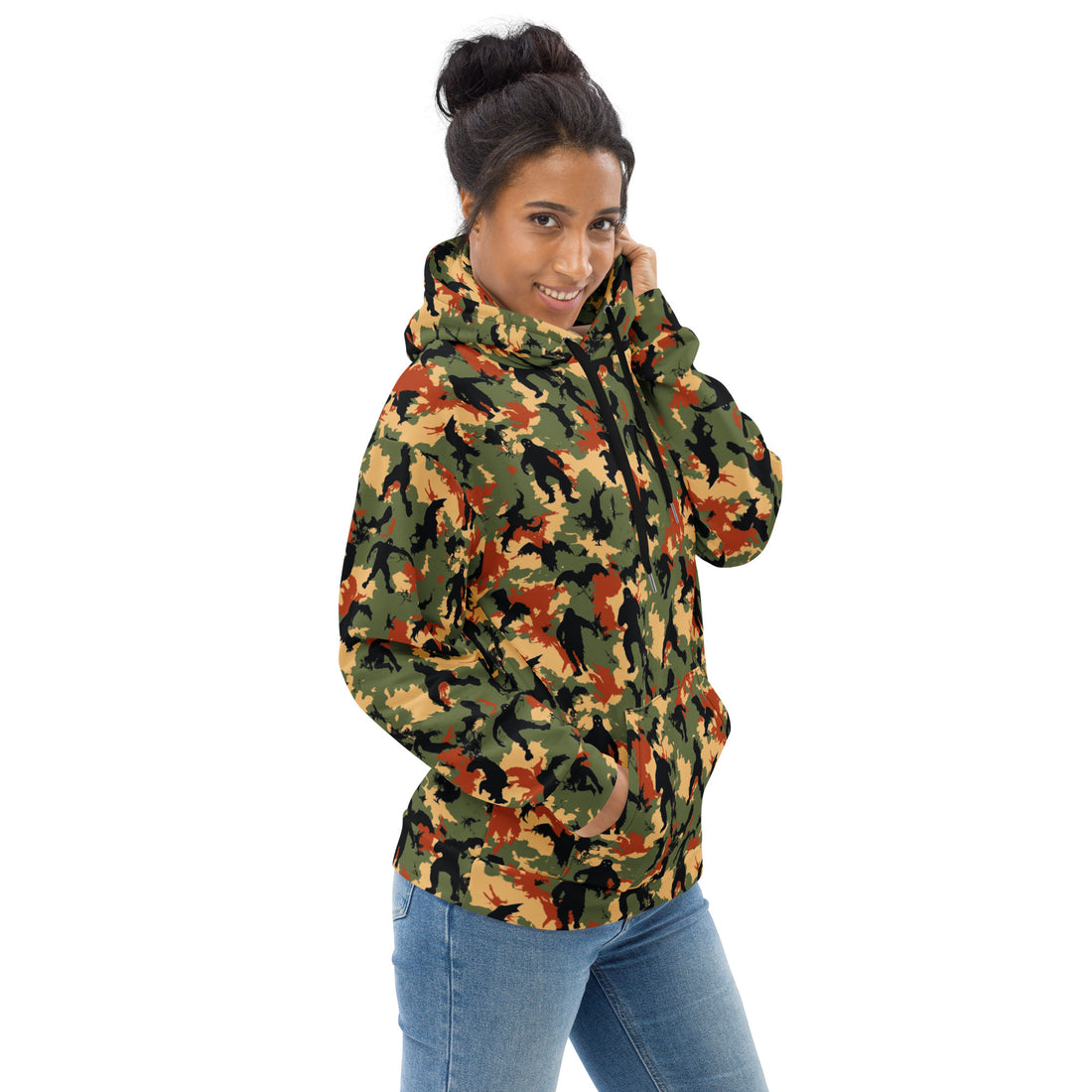 Halloween camouflage hoodie for women featuring Bigfoot and Mothman silhouettes in autumn colors.