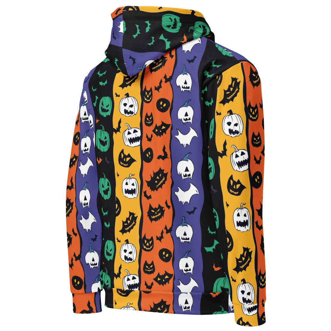 Vibrant Halloween Graphic Hoodie for women featuring spooky designs like pumpkins, ghosts, and bats on a multi-colored background.