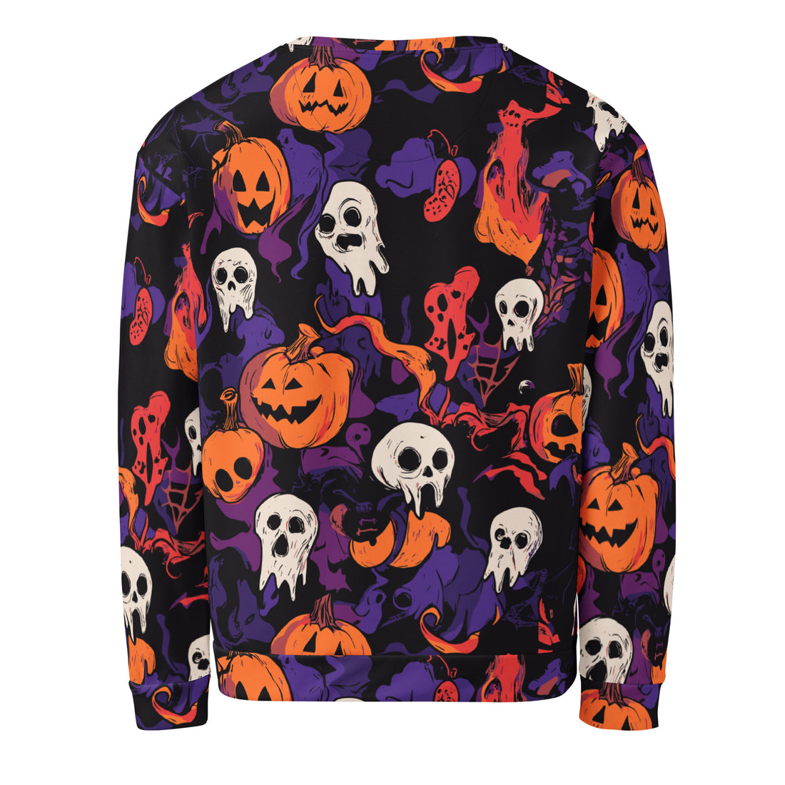 Halloween print sweatshirt for women featuring pumpkins and ghosts in vibrant colors.