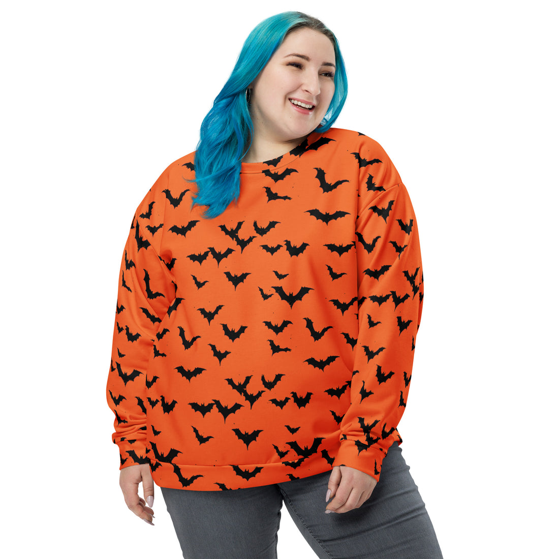 Orange sweatshirt with black bats print, perfect for Halloween, designed for women.