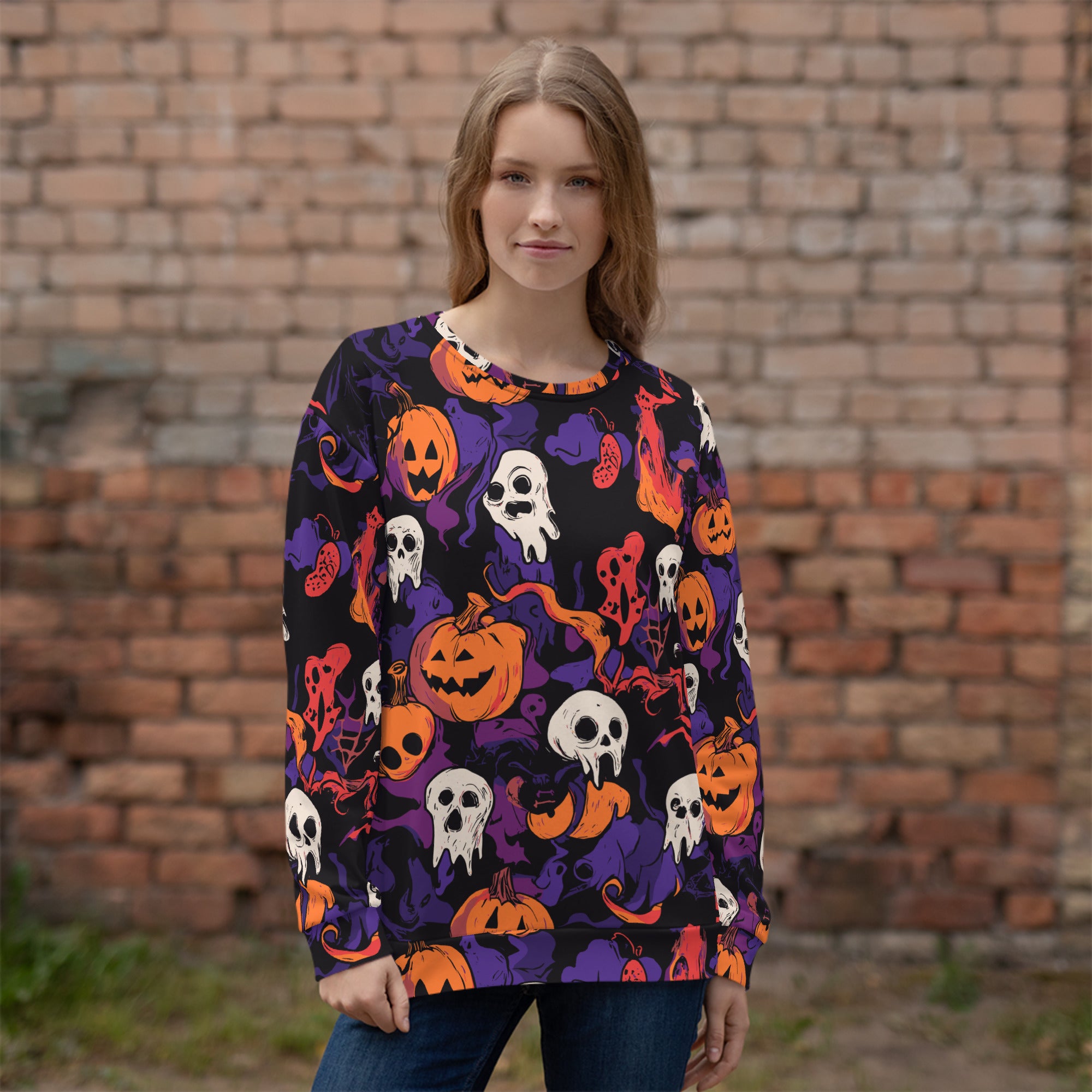 Halloween print sweatshirt for women featuring pumpkins and ghosts in vibrant colors.