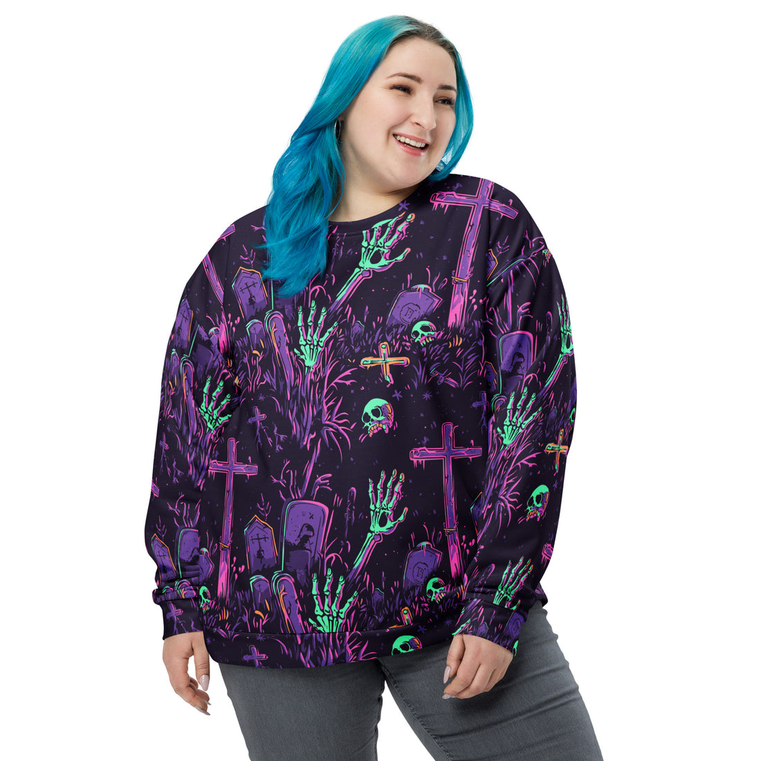 Women's Spooky Graveyard Print Sweatshirt with vibrant Halloween design