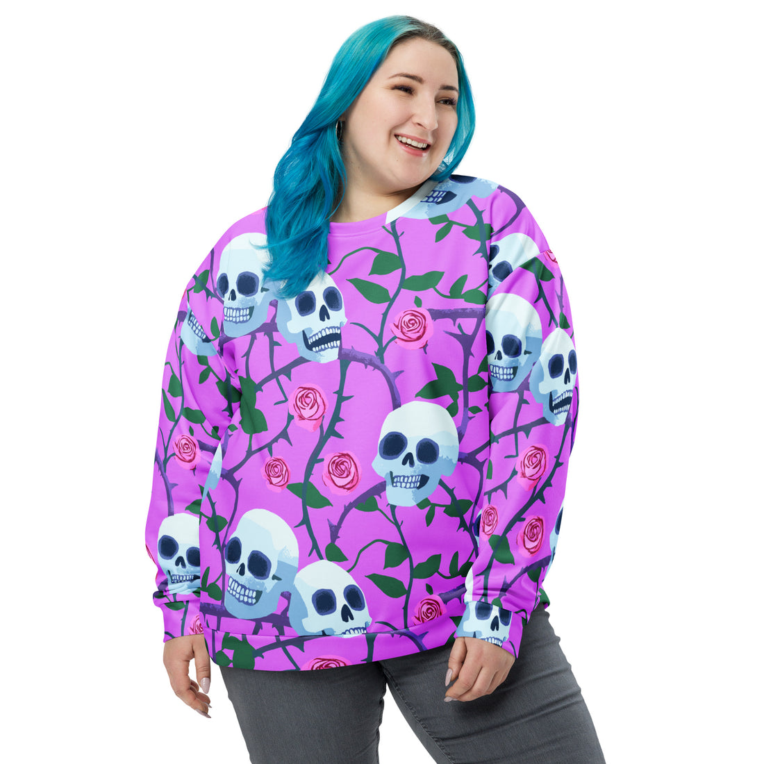 Vibrant Skull and Roses Halloween Sweatshirt for Women, colorful design