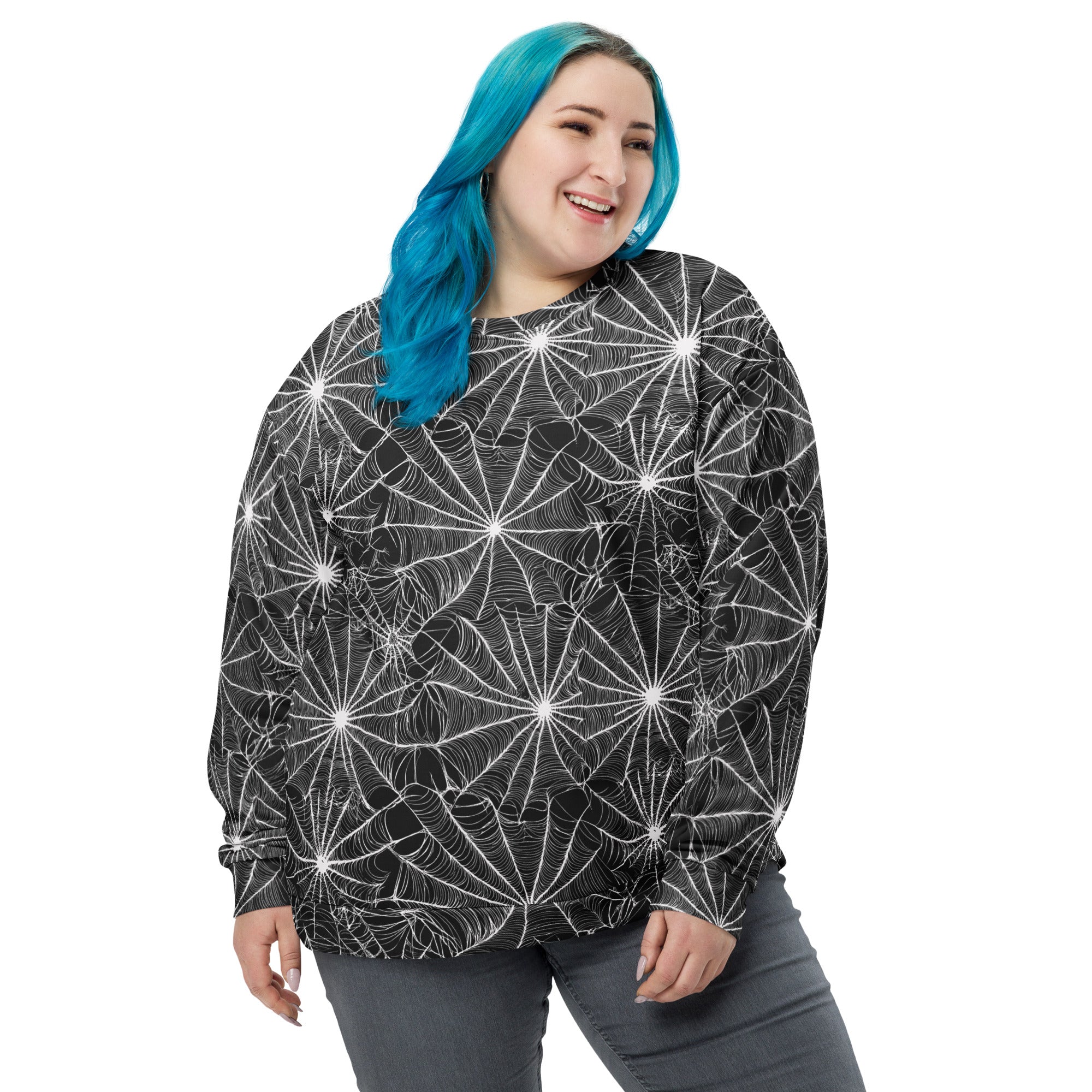 Black sweatshirt with white spider web design, perfect for Halloween season.