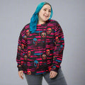 Colorful skull print sweatshirt designed for women, vibrant Halloween theme