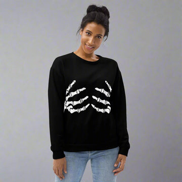 Spooky Skeleton Graphic Sweatshirt for Women in black with white skeleton design.