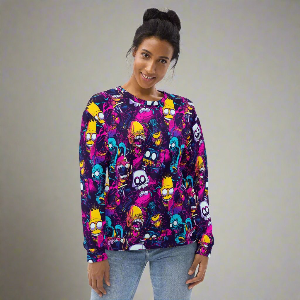 Vibrant Halloween-themed sweatshirt for women showcasing colorful monsters and spooky designs.