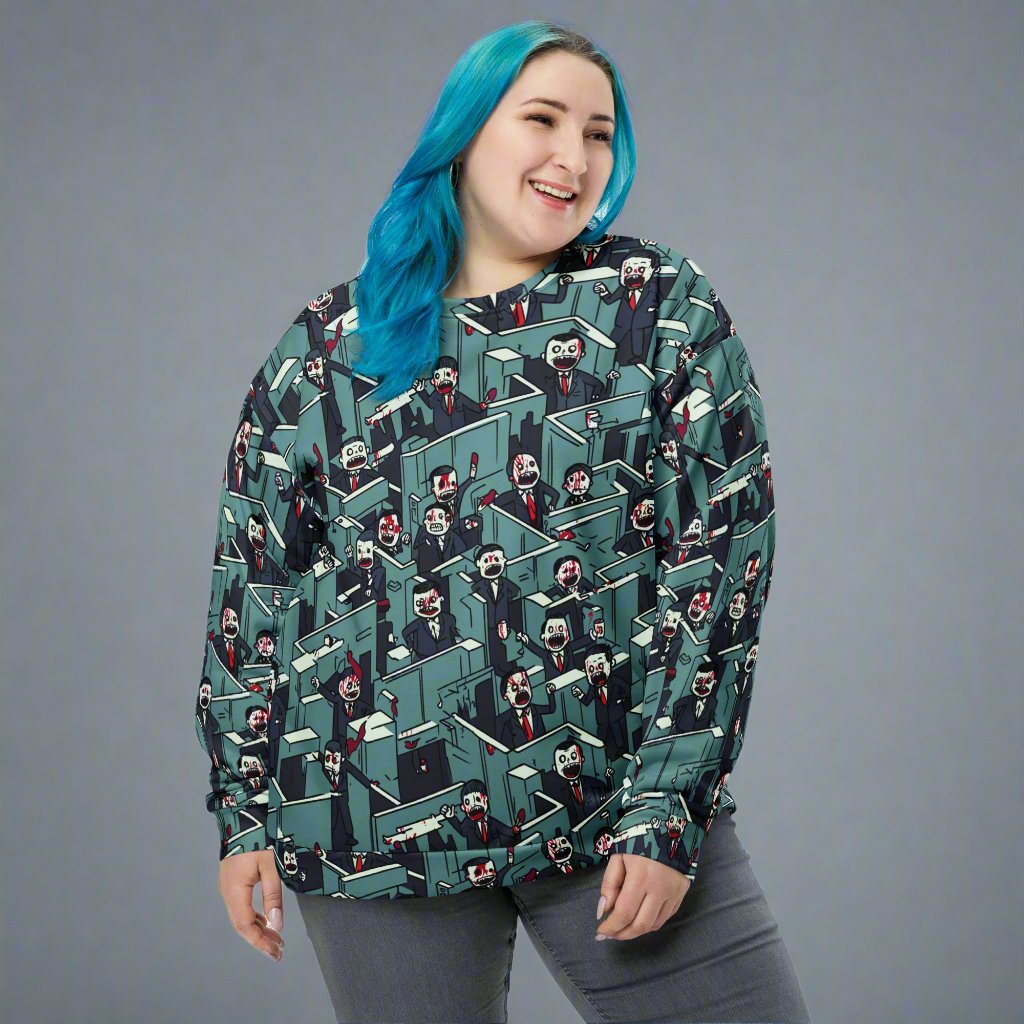 Halloween-themed graphic sweatshirt featuring playful spooky designs in blue and green colors.