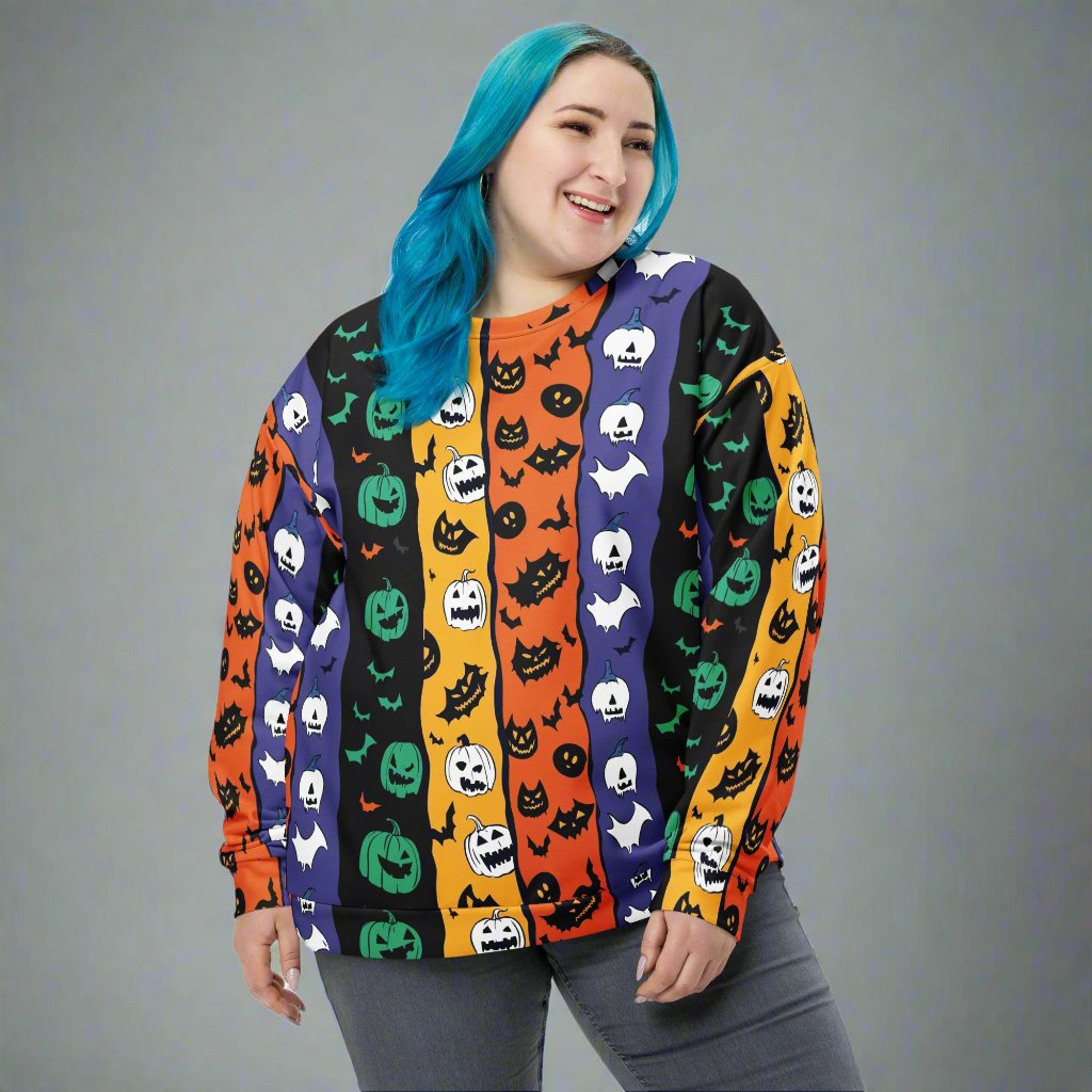 Colorful Halloween-themed oversized sweatshirt with pumpkins, ghosts, and bats pattern.