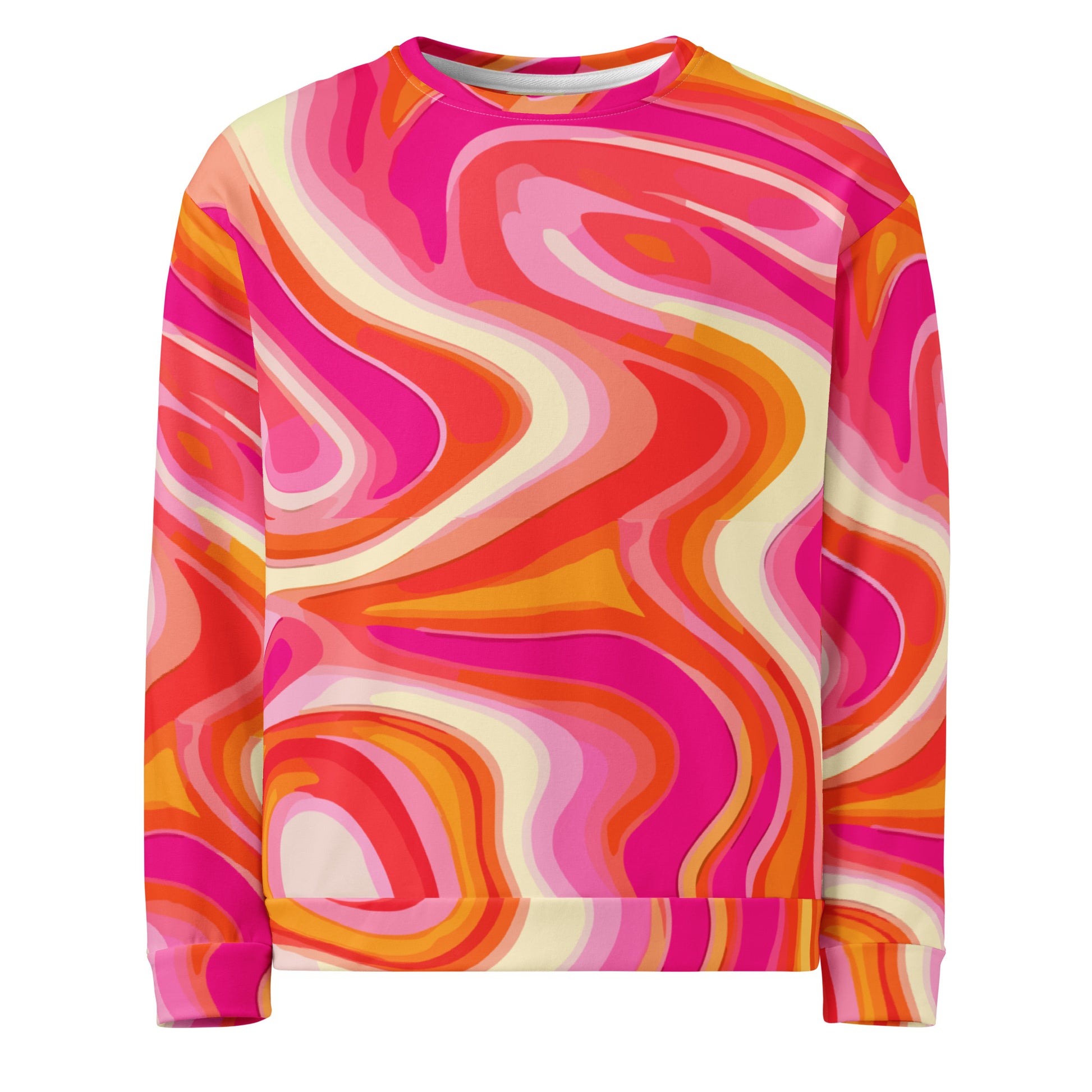 Colorful 70s psychedelic swirl pattern sweatshirt in pink, orange, and yellow.