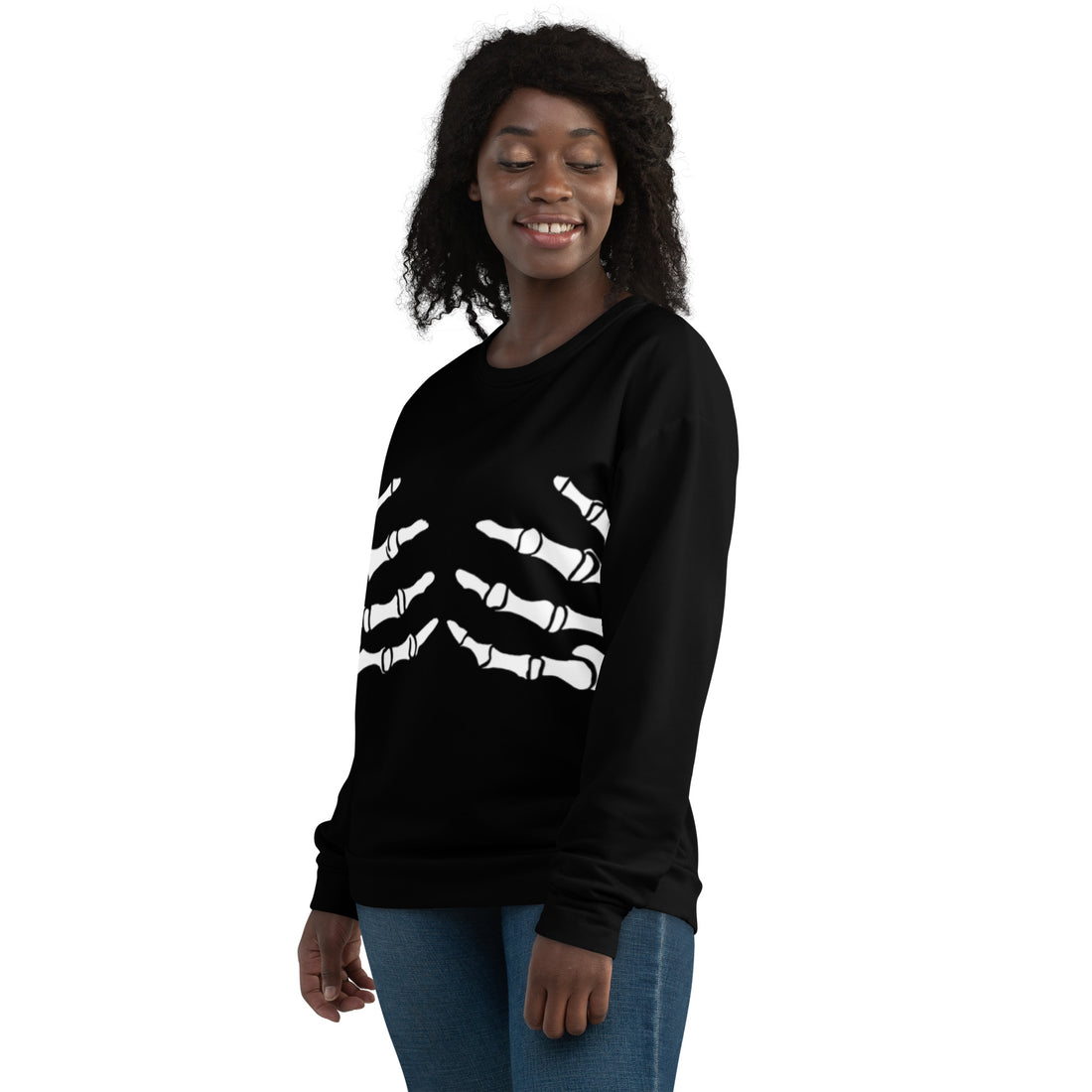 Spooky Skeleton Graphic Sweatshirt for Women in black with white skeleton design.