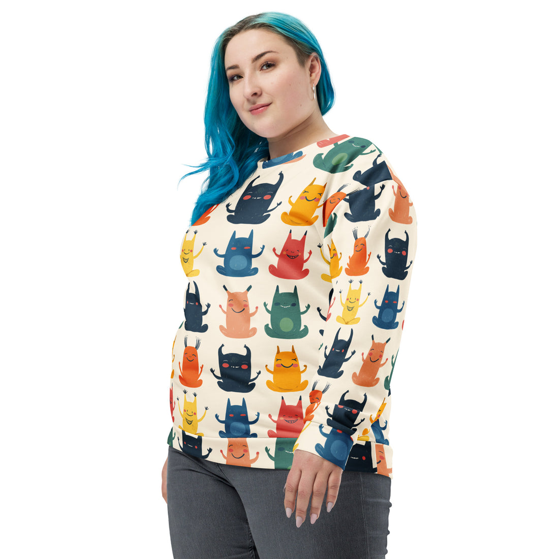 Women's sweatshirt featuring playful Halloween monster design, showcasing colorful cartoon monsters on a light background.