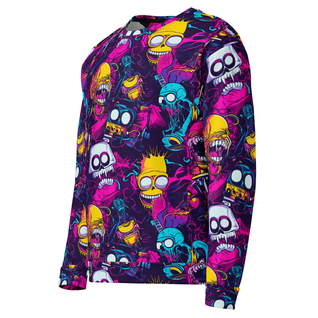 Vibrant Halloween-themed sweatshirt for women showcasing colorful monsters and spooky designs.