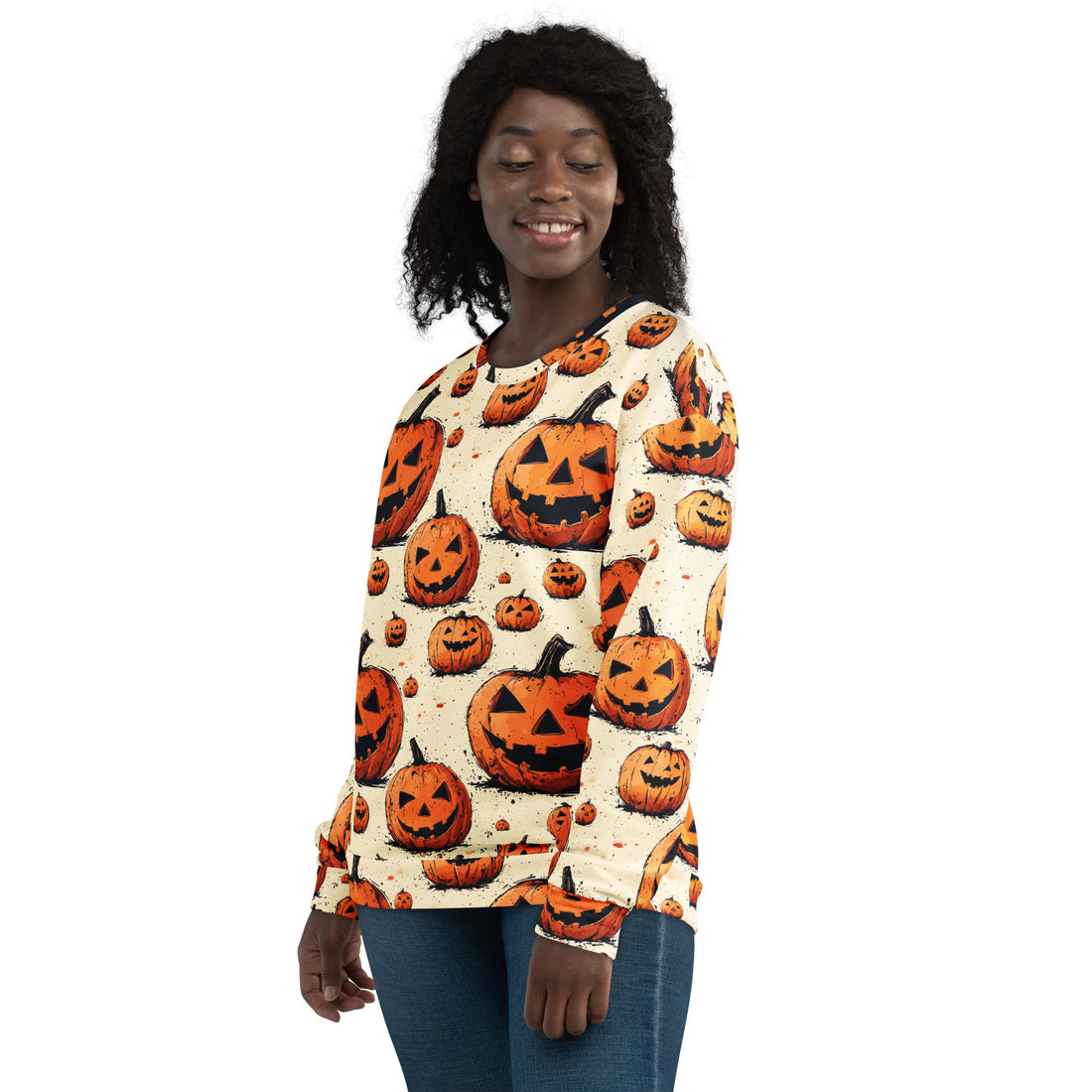 Halloween-themed sweatshirt with a vibrant pumpkin print in orange and yellow tones, perfect for autumn festivities.