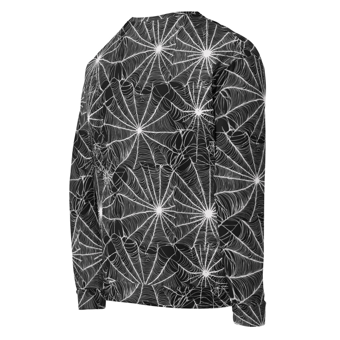 Black sweatshirt with white spider web design, perfect for Halloween season.