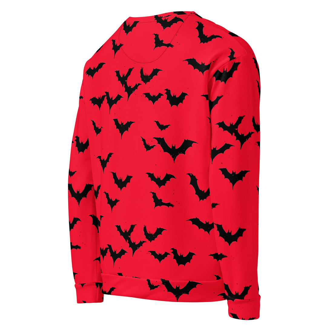 A vibrant red sweatshirt featuring an all-over bat print design, perfect for Halloween.