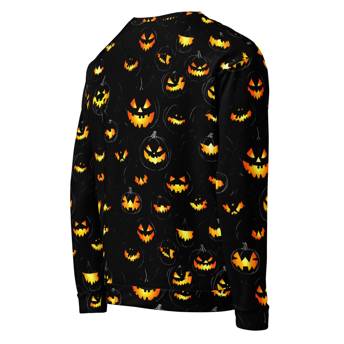 Playful pumpkin print sweatshirt featuring vibrant pumpkin designs on a black background.