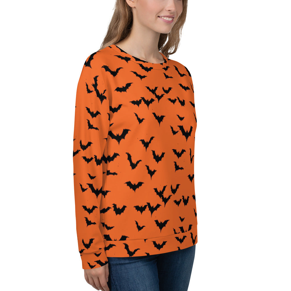 Orange sweatshirt with black bats print, perfect for Halloween, designed for women.