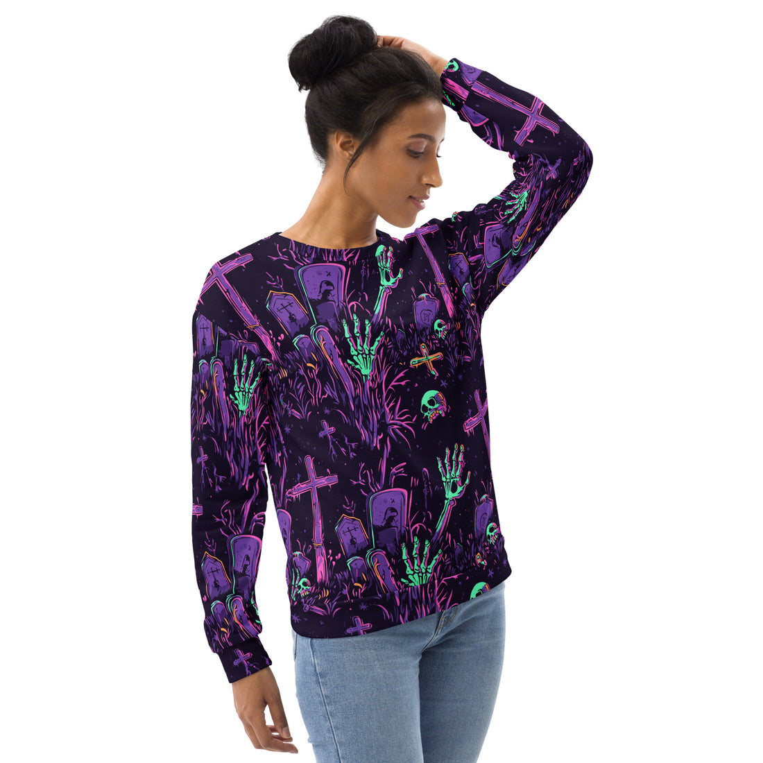 Women's Spooky Graveyard Print Sweatshirt with vibrant Halloween design