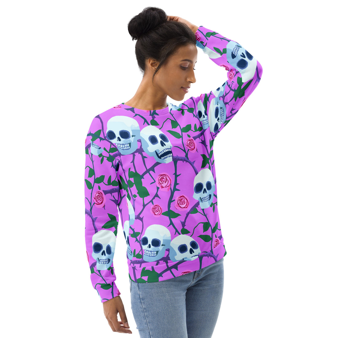 Vibrant Skull and Roses Halloween Sweatshirt for Women, colorful design