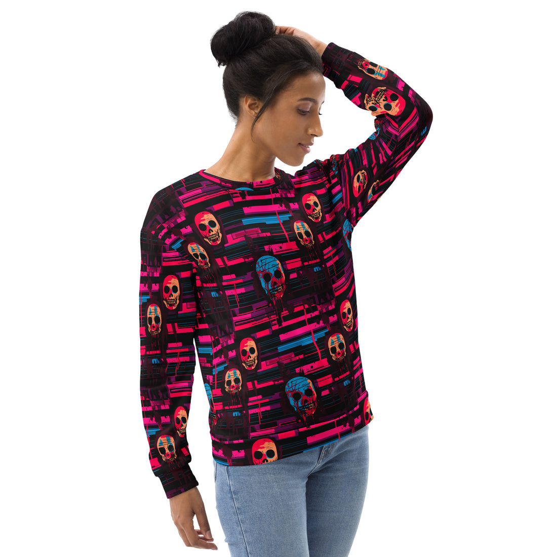 Colorful skull print sweatshirt designed for women, vibrant Halloween theme