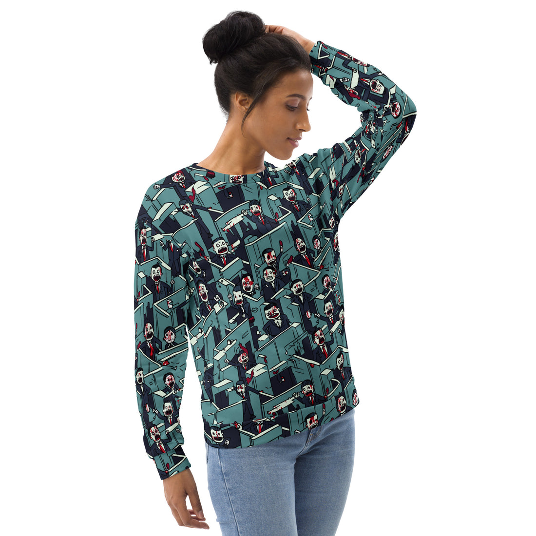 Halloween-themed graphic sweatshirt featuring playful spooky designs in blue and green colors.