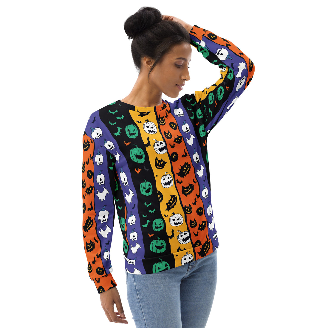 Colorful Halloween-themed oversized sweatshirt with pumpkins, ghosts, and bats pattern.