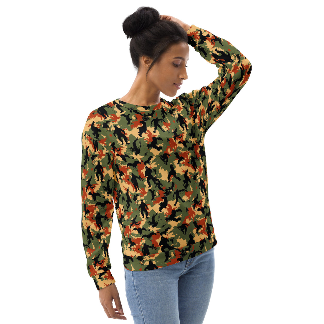 Bigfoot camo sweatshirt featuring silhouette design in autumn colors of green, orange, and yellow.