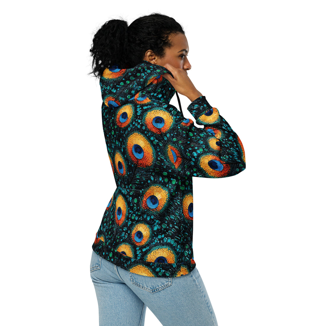 Peacock Print Unisex Zip Hoodie – Colorful & Sustainable Style