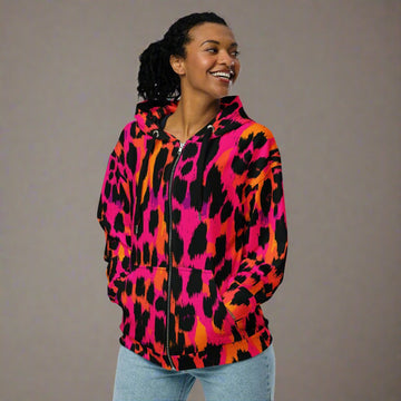 Vibrant Eco-Friendly Leopard Print Zip Hoodie