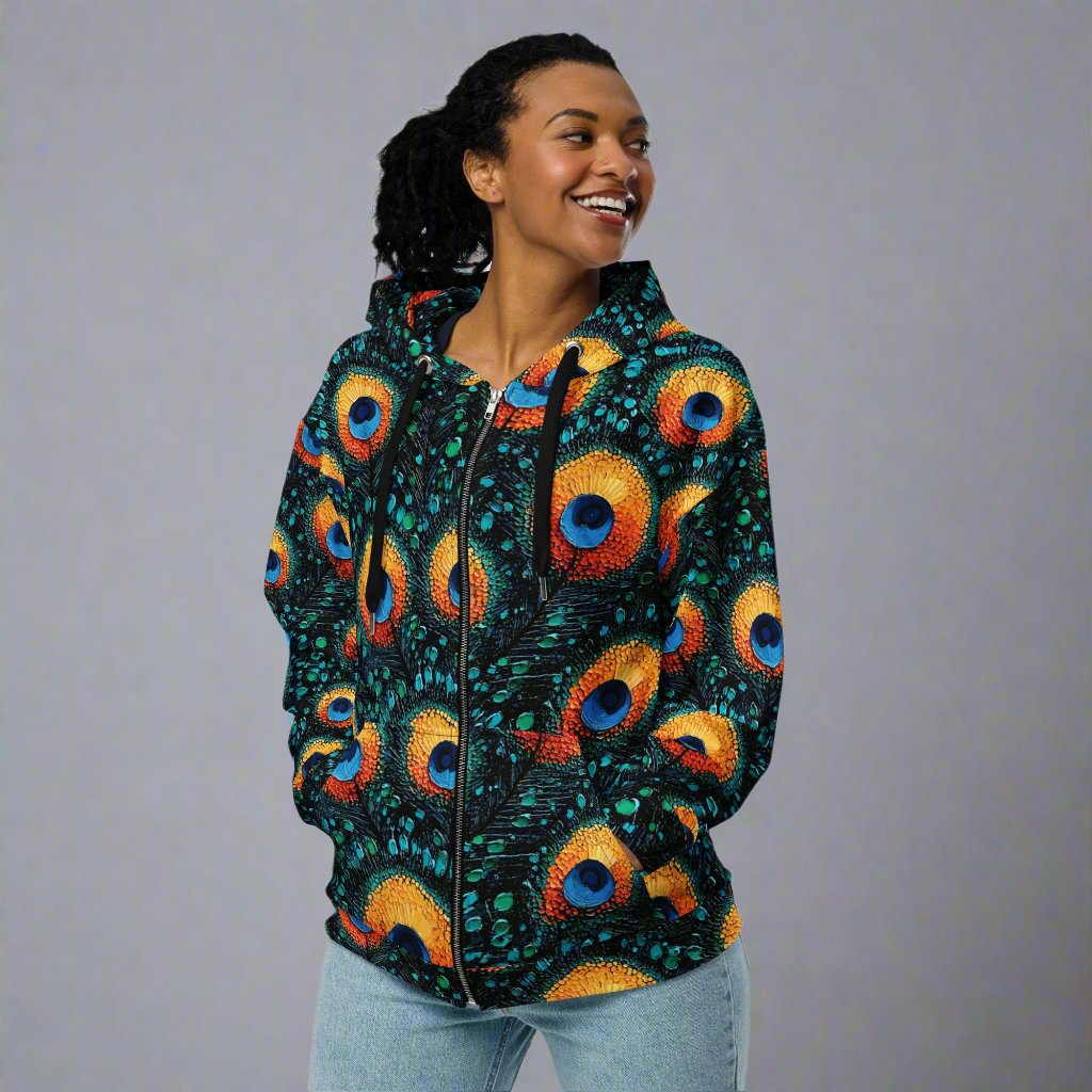 Peacock Print Unisex Zip Hoodie – Colorful & Sustainable Style