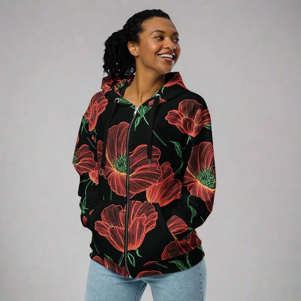 Floral Print Unisex Zip Hoodie - Sustainable Comfort