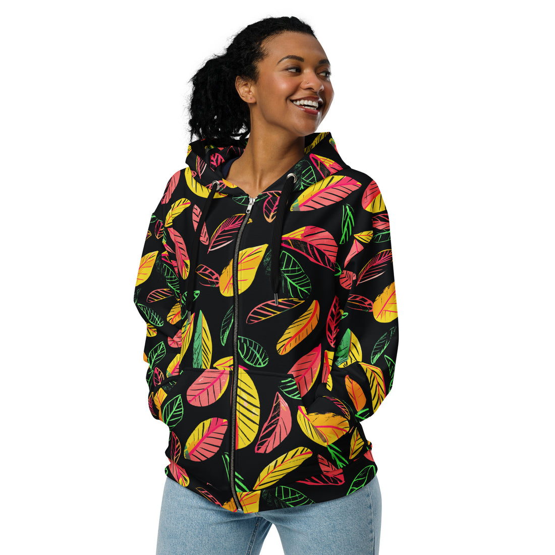 Vibrant Leaf Print Unisex Zip Hoodie