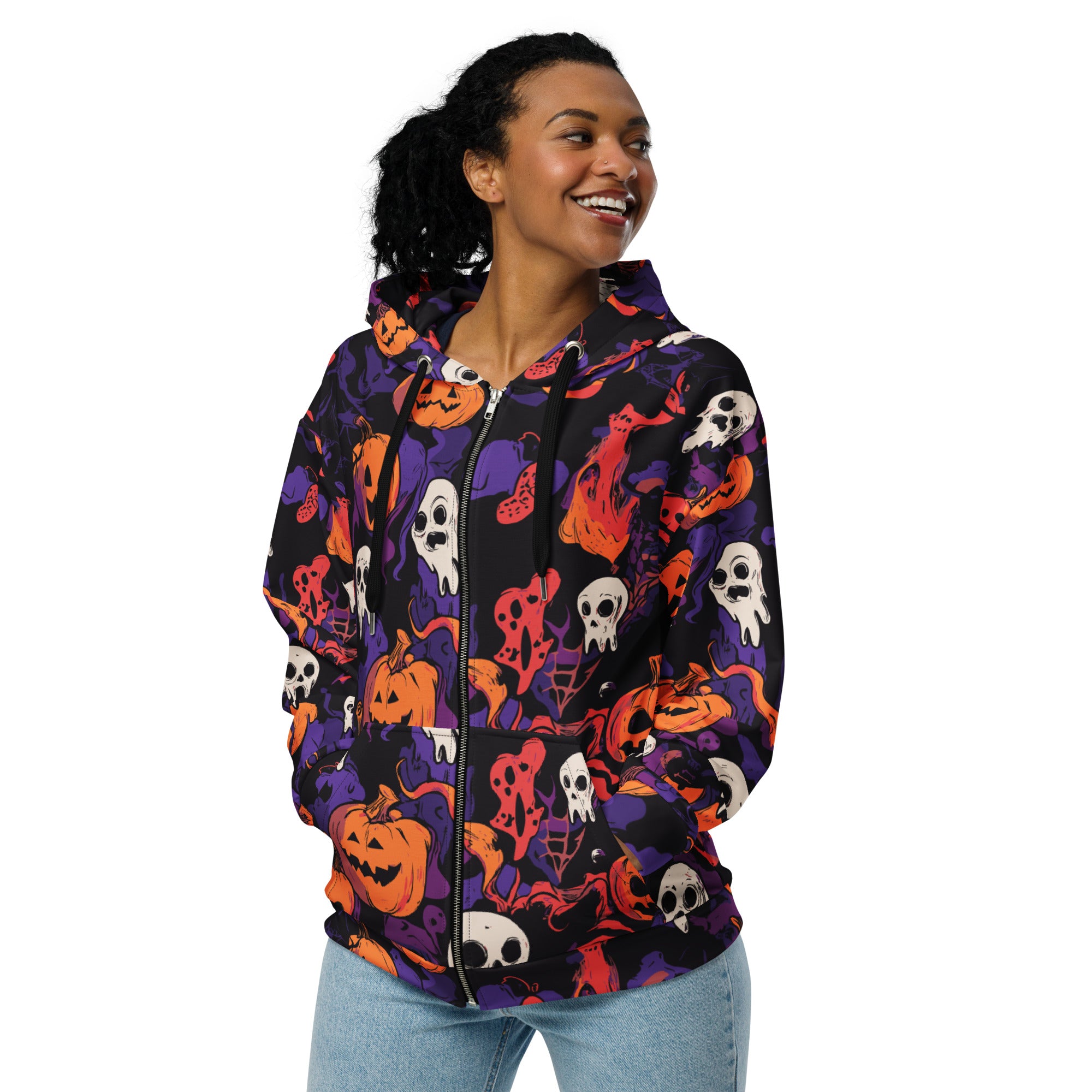 Halloween-themed zip hoodie featuring vibrant prints of skulls, pumpkins, and ghosts in bold colors.