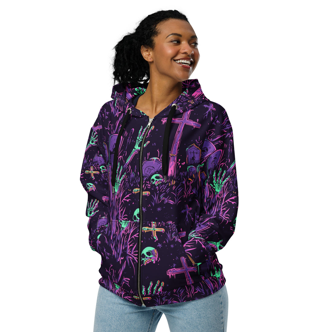 Halloween-themed zip hoodie for women featuring a spooky graveyard design with skulls and graves.