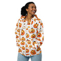 Playful zip hoodie with vibrant pumpkin pattern, perfect for Halloween.