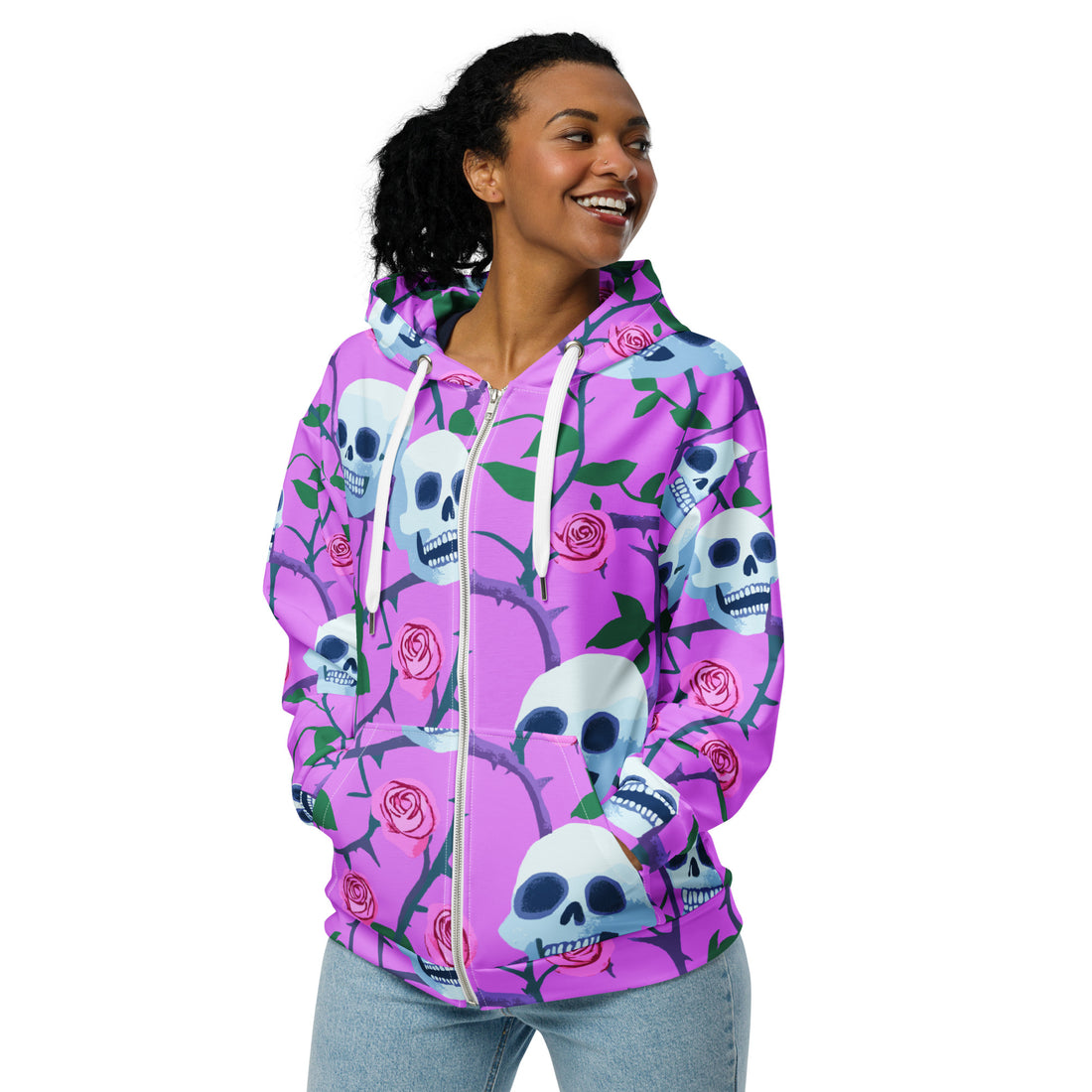 A vibrant purple zip hoodie with skull and rose pattern, designed for women, showcasing a casual and stylish look.