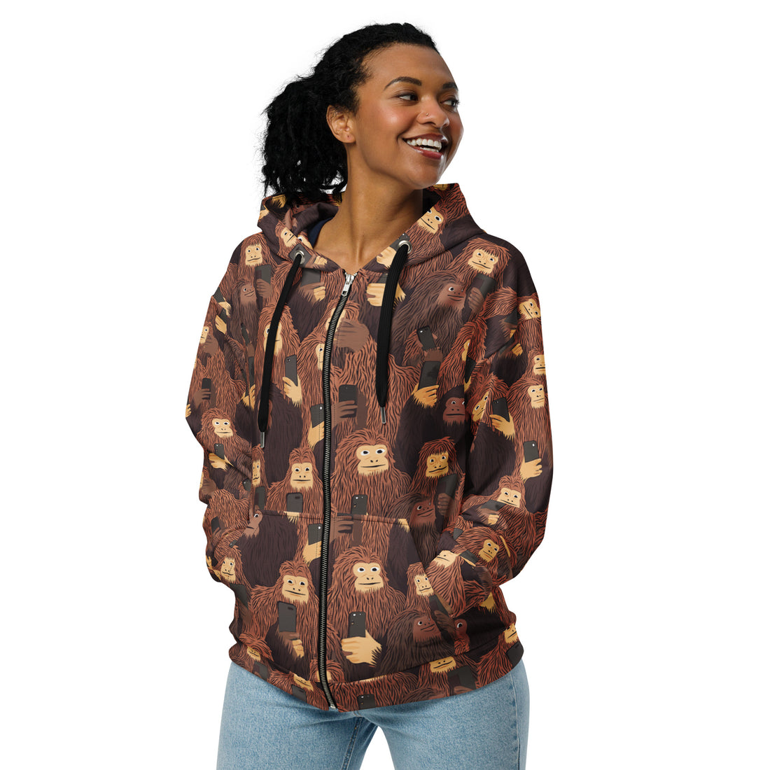 Halloween-themed zip hoodie featuring playful furry creatures printed on a brown background, designed for women.