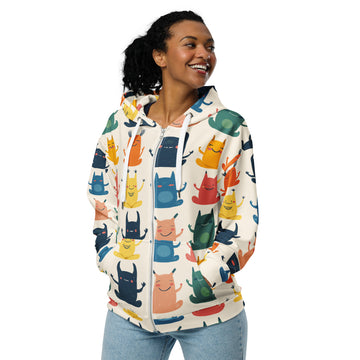 Colorful Halloween-themed zip hoodie with quirky monster designs, perfect for women.