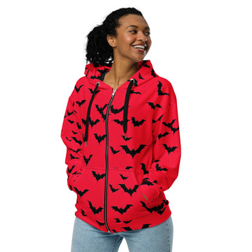 Red zip hoodie featuring black bats, perfect for Halloween season.