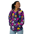 Vibrant Halloween zip hoodie for women with colorful skull designs on a black background.