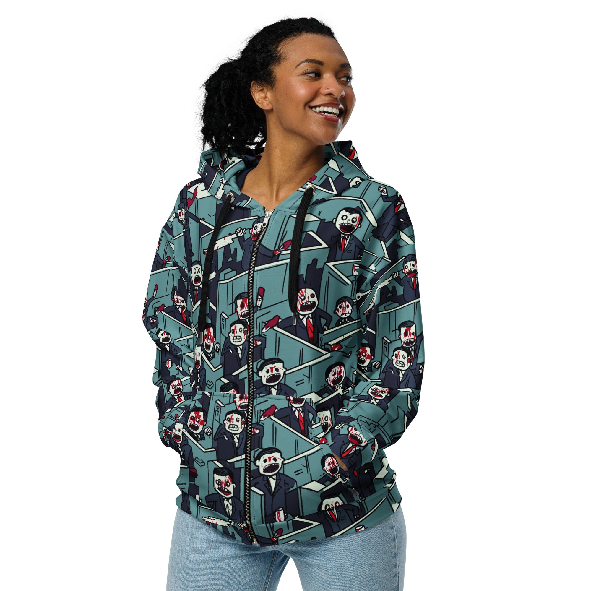 Halloween-themed zip hoodie featuring spooky character designs, crafted sustainably for women.