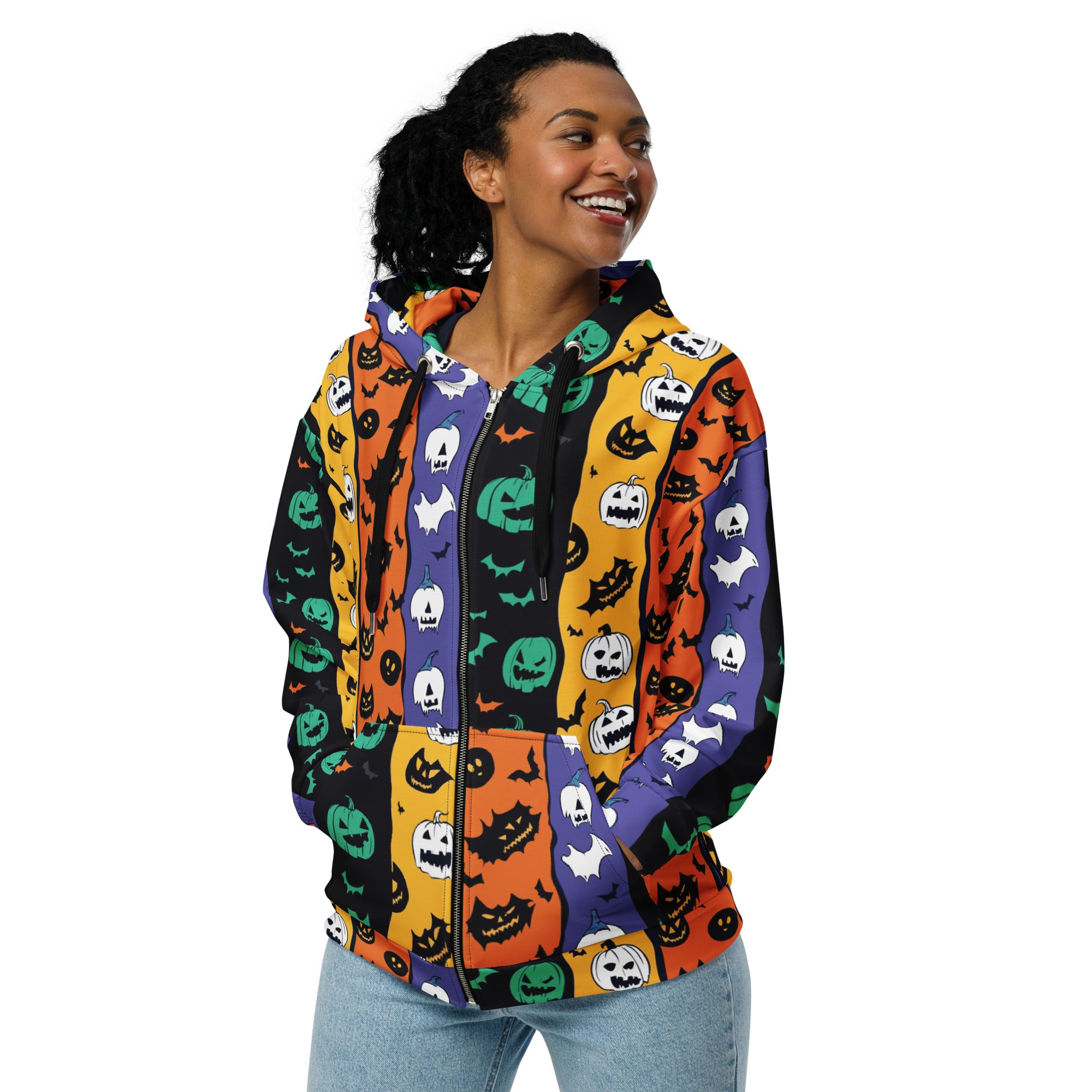 Colorful Halloween-themed zip hoodie featuring playful pumpkins, ghosts, and bats against a vibrant background.