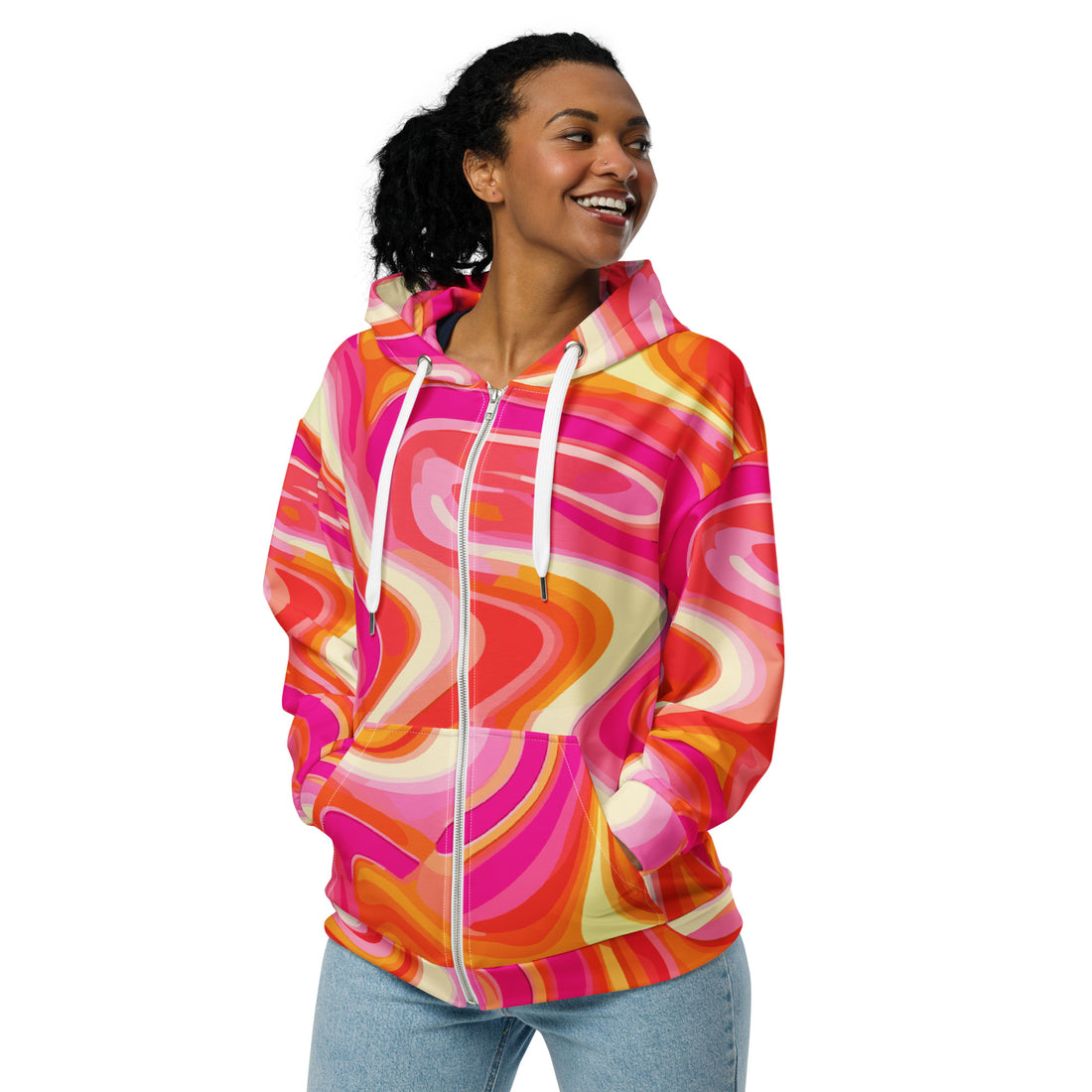 Psychedelic zip hoodie in vibrant pink and orange swirls, eco-friendly fabric.